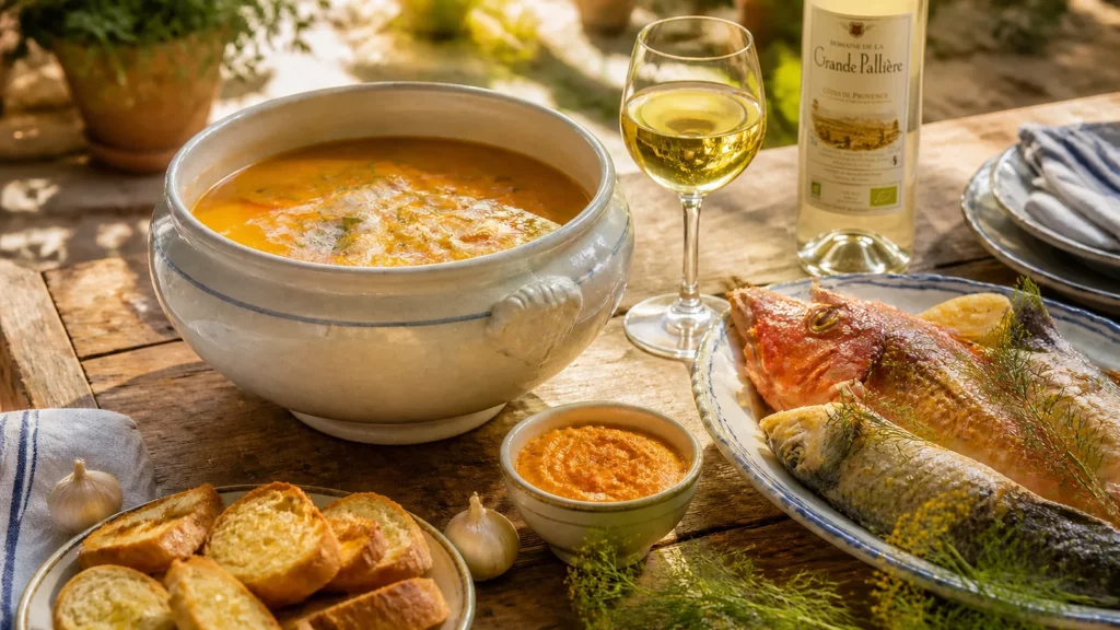 Bouillabaisse marseillaise servie en deux temps avec verre de blanc Rolle Grande Pallière