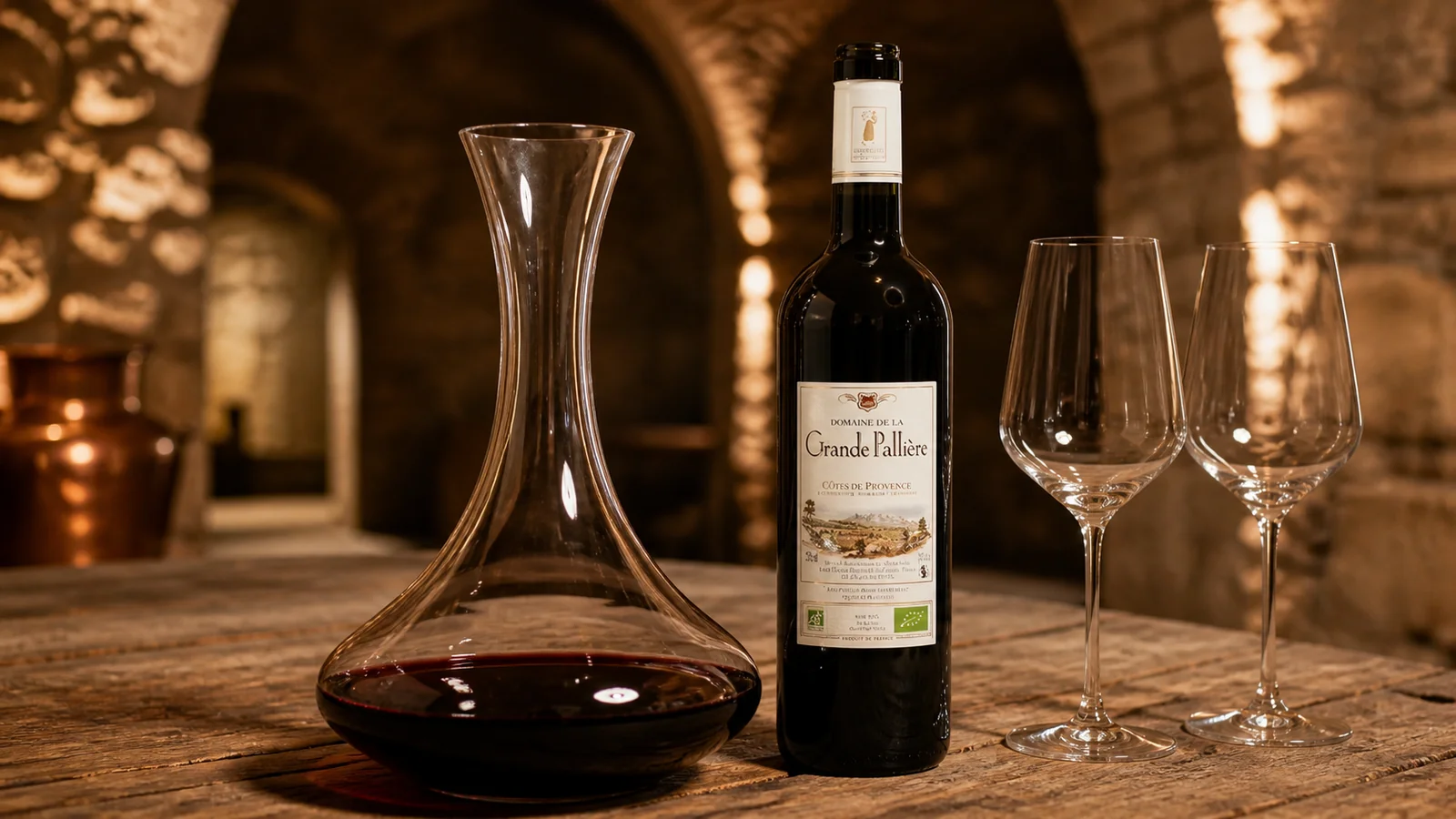 Vin rouge AOP Côtes de Provence en carafe dans une cave en pierre