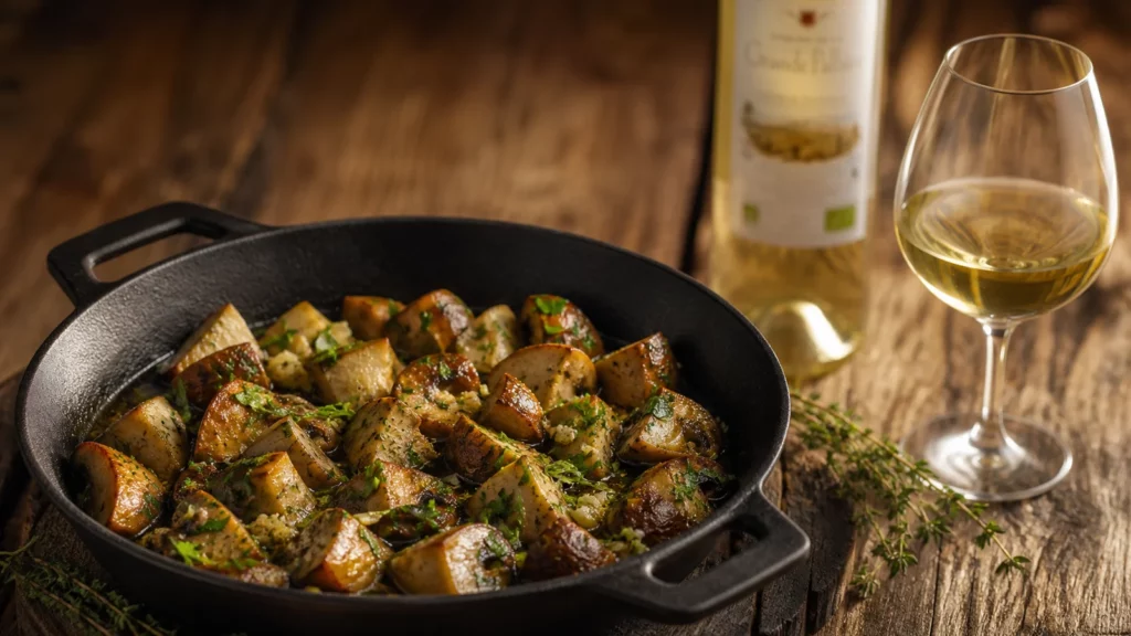Cèpes poêlés à l'ail et au persil avec verre de blanc Rolle Grande Pallière