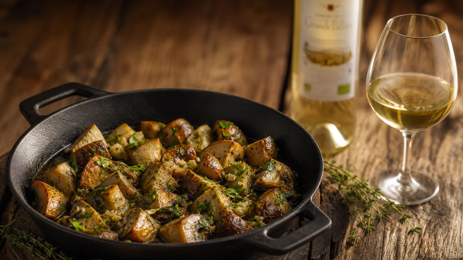 Cèpes poêlés à l'ail et au persil avec verre de blanc Rolle Grande Pallière
