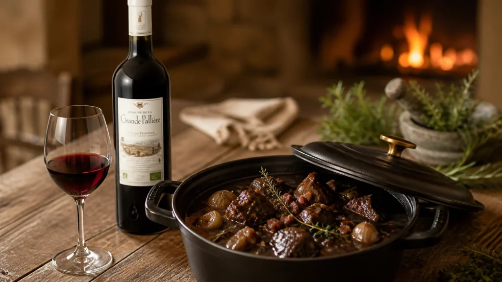 Civet de sanglier mijoté en cocotte avec verre de rouge AOP Côtes de Provence Grande Pallière