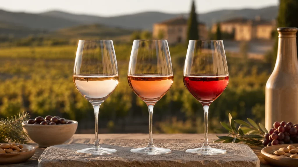 Trois verres de rosé Provence côte à côte montrant trois intensités de couleur, du pâle au framboise