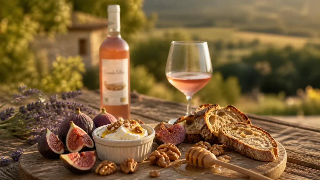 Plateau de figues fraîches et brousse de Provence avec verre de rosé Grande Pallière
