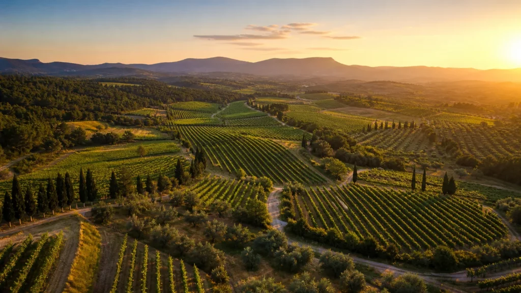 Vignobles AOP Côtes de Provence en coteaux d'altitude à Correns au coucher du soleil