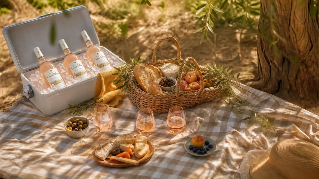 Pique-nique provençal sous un olivier avec bouteille de rosé et glacière ouverte