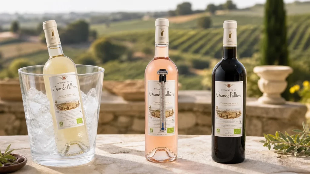 Trois bouteilles de vin (blanc, rosé, rouge) avec thermomètres montrant les températures idéales