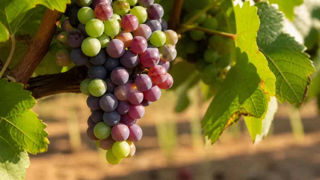 Grappe de raisin en pleine véraison à Correns, certains grains virant au violet