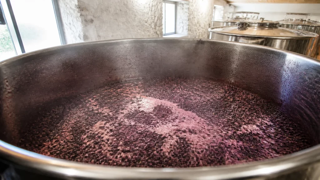 Cuve inox de saignée en pleine vinification de rosé au Domaine de la Grande Pallière